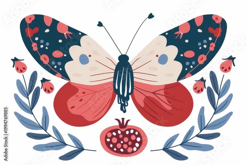 Red blue butterfly pomegranate flowers green leaves flat vector cartoon symmetrical design isolated white background
