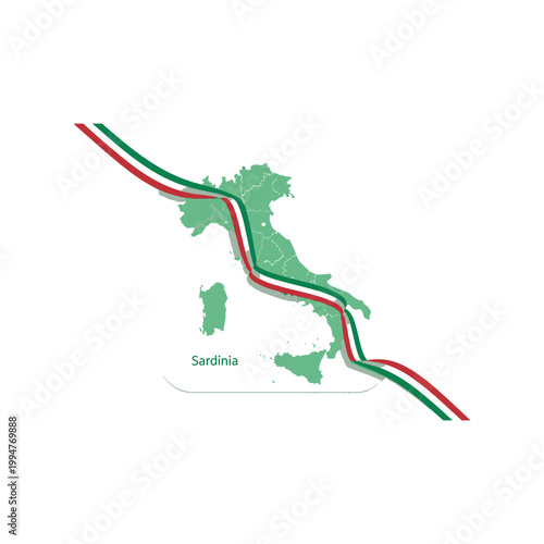 Italian map with green, white, and red road lines across regions on a white background