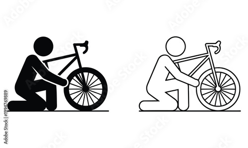 Two illustrations of a person fixing a bicycle wheel in different positions