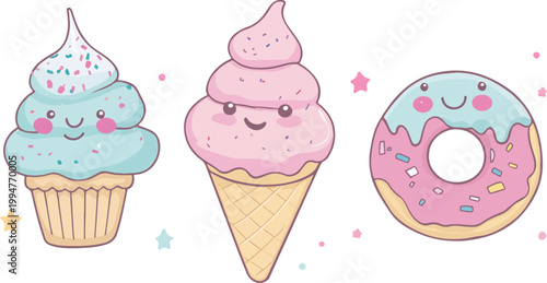 Cute birthday card design featuring a vector illustration of a pink ice cream cone and a sweet chocolate cupcake set with a cherry and heart for a bakery party celebration