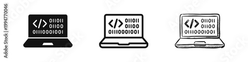 Programming and coding icon set, software development on laptop, binary code vector illustration