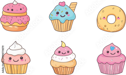 Set of cute cartoon cakes and cupcakes featuring sweet chocolate, strawberry cream, and cherry decorations for a birthday celebration party dessert vector illustration icon
