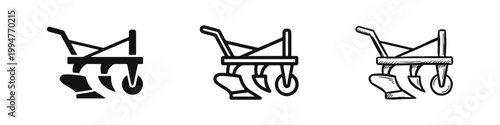 Agricultural plow icon set, farming equipment symbol, soil cultivation tool vector illustration