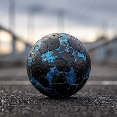 Textured, weathered ball sits on pavement, buildings blurred in background