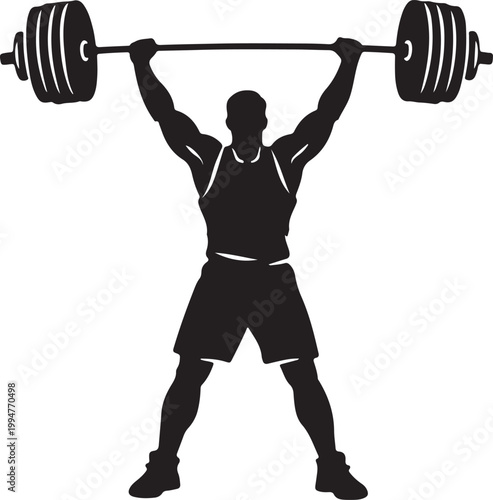 Clean black silhouette of weightlifter pressing barbell overhead