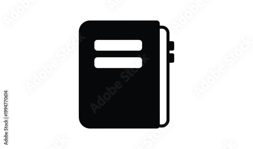 Minimalist black and white icon of a closed notebook with a bookmark ribbon, isolated on a white background, symbolizing organization and simplicity.