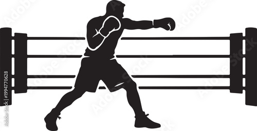 Clean black silhouette of boxer shadow punching in ring ropes
