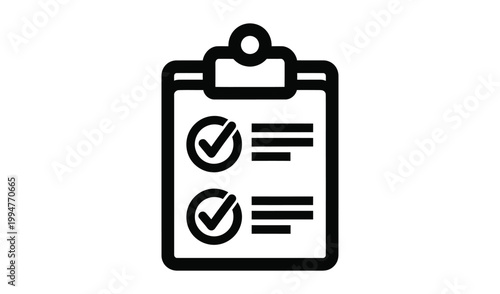 Black and white minimalist icon of a clipboard with checkmarks, symbolizing task completion and organization in a simple, clean design.