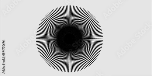 Radiating, radial lines. Starburst, sunburst shape. Converging ray, beam lines merging at center. Geometric circular element.