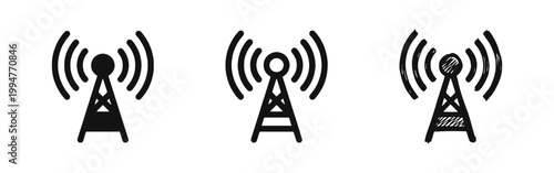 Radio tower and antenna icon set, communication signal symbol, wireless broadcast vector illustration