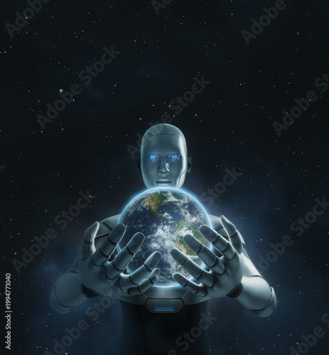 Bild auf Leinwand AI humanoid robot God holding planet Earth in outer space, artificial intelligen