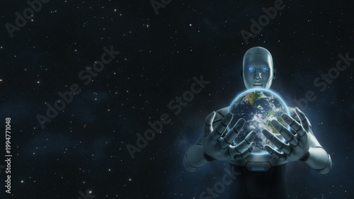 Fotografía AI humanoid robot God holding planet Earth in outer space, artificial intelligen