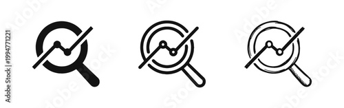Data analysis icon set with magnifying glass over line chart in glyph, outline and hand drawn styles.