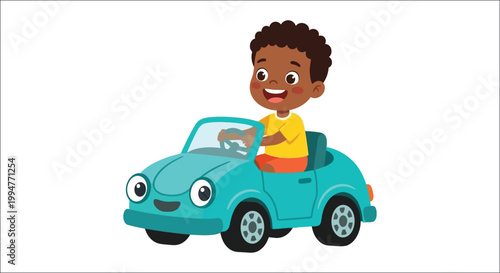 A cheerful young boy happily driving a bright blue toy car