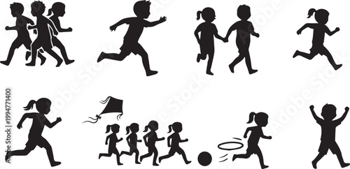 Black silhouettes of children playing, running, and jumping isolated on white background
