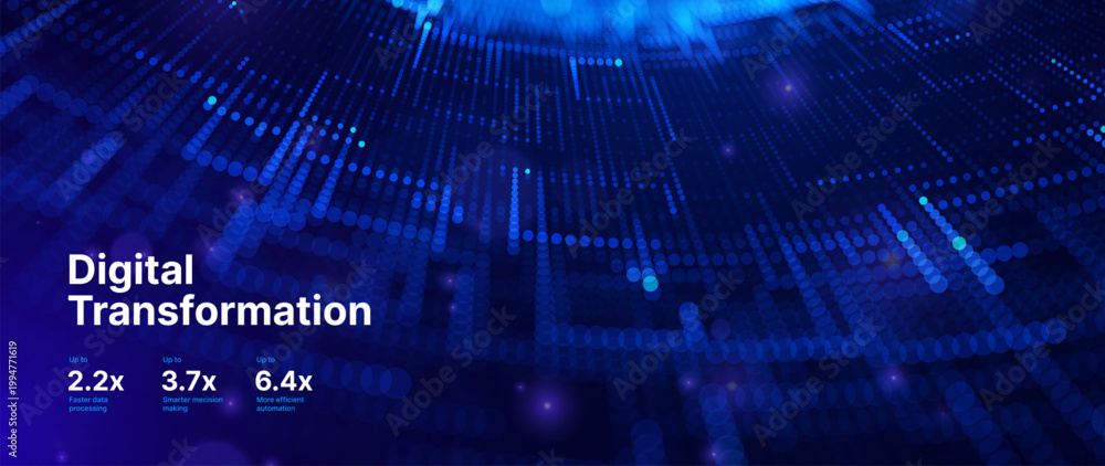 Naklejka premium Digital Transformation Background With Glowing Neon Data Connection Lines and Abstract Particle Flow Gird on Dark Blue. Smart Digital Business Solutions. Vector Illustration.