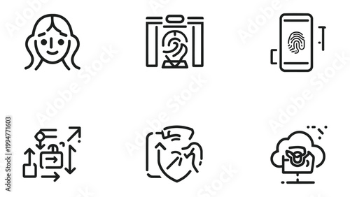 Digital Security and Personal Identification Icons: A cohesive collection of line-style icons representing various facets of digital security and personal identification.