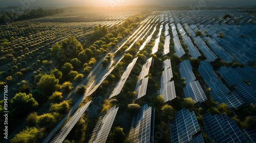 Solar Energy Array at Dawn: An expansive solar panel array captures the golden hues of dawn, symbolizing sustainable energy and environmental responsibility. 