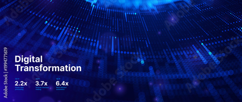 Digital Transformation Background With Glowing Neon Data Connection Lines and Abstract Particle Flow Gird on Dark Blue. Smart Digital Business Solutions. Vector Illustration.