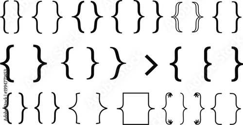 Curly braces collection, typographic symbols, programming design, mathematical grouping, arrow tips variation, black outline, creative bracket styles, flat vector illustration