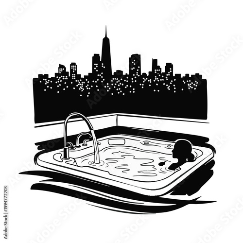 Person relaxing in a rooftop hot tub line art illustration. Urban jacuzzi with city skyline view at night. Vector silhouette isolated on transparent background