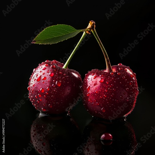 Two ripe cherries covered in water droplets on a glossy black surface. The vibrant red color contrasts beautifully against the dark background, creating an elegant look.