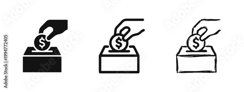 Donation icon set showing hand putting a coin into a box in glyph, outline and hand drawn versions.