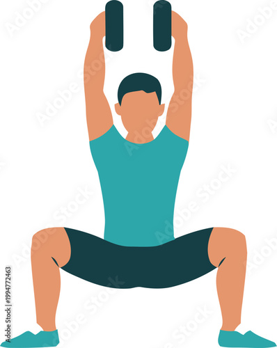 Athletic man performing a weighted squat exercise with dumbbells isolated on a white background in a modern flat vector illustration style