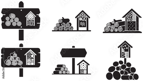 Set Of Silhouette Firewood Pile And Wood Storage Shed Icons For Forestry And Rustic Design