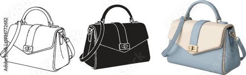 Collection of elegant handbags including a sketch black leather and pastel blue design isolated on white background