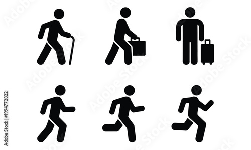 Various icons depicting different modes of pedestrian movement and activities