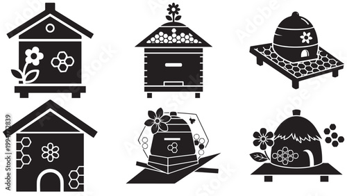 Set of decorative beehive icons with flowers, honeycomb patterns, and rural apiary design elements
