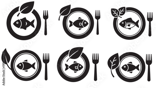 Set Of Eco Friendly Fish Plate Icons With Forks And Leaf Decorations On Black Background