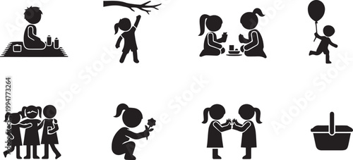 Black silhouette icons of children playing and interacting isolated on transparent background