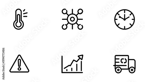 Concept Icons: A collection of concise line art icons representing diverse concepts. Thermometer, network, clock, warning, graph, and delivery service. Perfect for conveying a multitude of ideas.