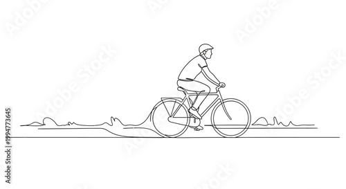 Photos Man riding bicycle, minimalist line art, outdoor landscape illustration, simple vector drawing