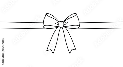 A simple black and white line drawing depicts a decorative gift bow with flowing ribbons high quality professional
