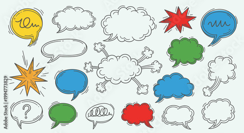 Hand drawn cartoon speech bubbles and comic cloud dialog boxes in a vector set for chat communication and message design element illustration