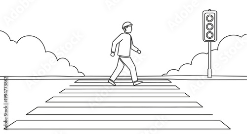 Man walking across pedestrian crossing with traffic light, simple line drawing