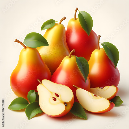 Ripe pears with green leaf and cross section of pear with seeds isolated on white background.