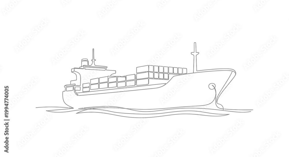 Fototapeta premium Continuous Line Drawing of a Cargo Ship with Containers at Sea