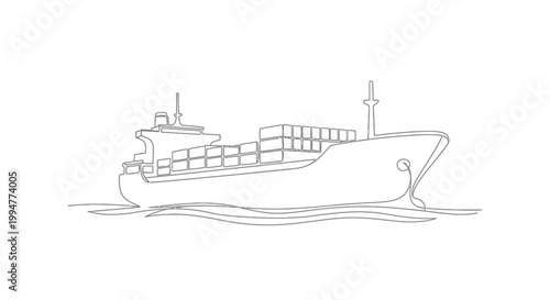 Continuous Line Drawing of a Cargo Ship with Containers at Sea