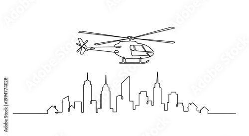 Helicopter flying over continuous line drawing of city skyline, minimalist urban landscape