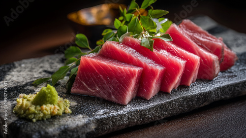 Fresh tuna served on a stone plate with wasabi and leaves in a restaurant setting