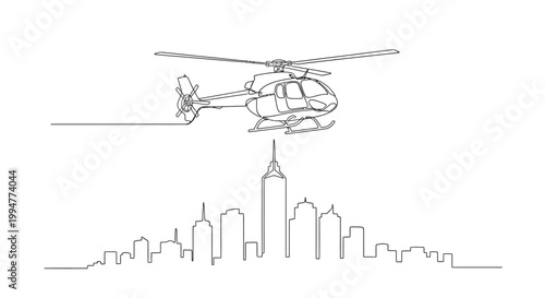 Helicopter flying over minimalist city skyline, line art illustration