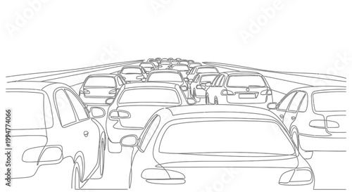Heavy traffic jam, line drawing of cars stuck on highway