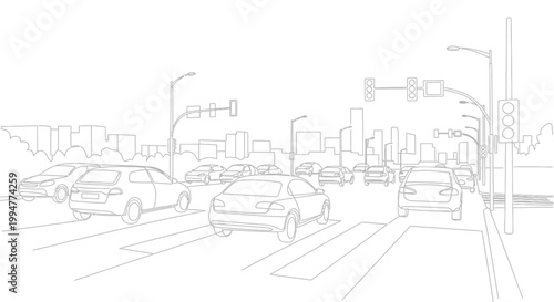 City Traffic Intersection Sketch - Cars at Crosswalk and Traffic Lights