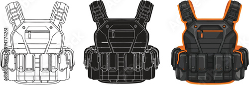 Tactical vest set outline black and orange designs for military or survival gear concepts isolated on white
