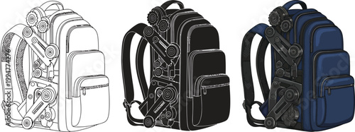 Set of backpack illustrations line art silhouette and color vector for travel and outdoor gear design isolated on white