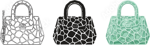 Collection of three handbag icons in different colors modern geometric pattern design for fashion and accessory concepts isolated on white